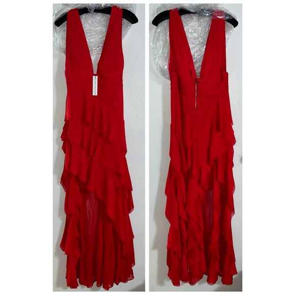 Alice + Olivia Holly Low Neck Asymmetric Ruffle Bright Ruby Red Maxi Dress - Picture 8 of 11